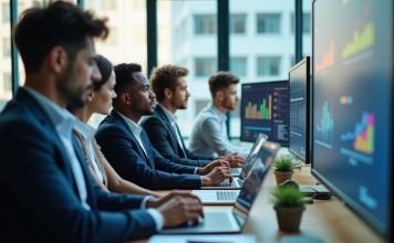 Le rôle clé du consulting en data chez Keyrus Groupe de consultants dans un bureau moderne collaborant