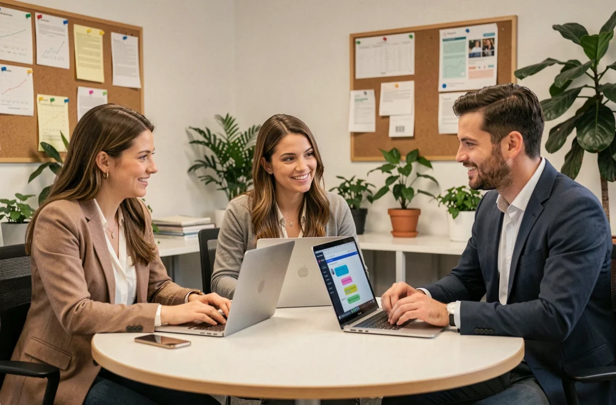 Équipe d'enseignants collaborant autour d'ordinateurs portables pour organiser des échanges pédagogiques en ligne