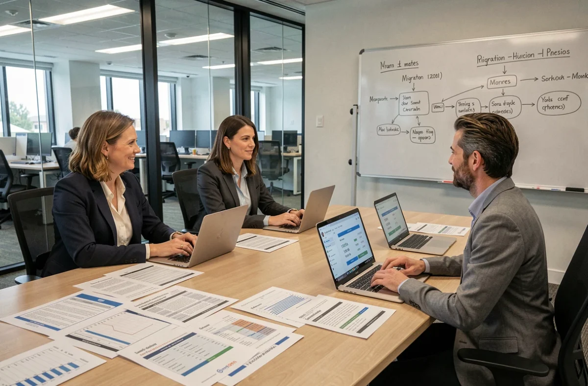 Équipe de professionnels de l'éducation analysant les données de migration et les tableaux de bord de la nouvelle plateforme d'examens en salle de réunion