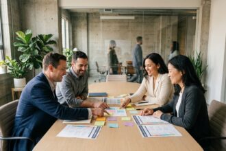Équipe de professionnels analysant des profils de personnalité autour d'une table de réunion moderne en entreprise