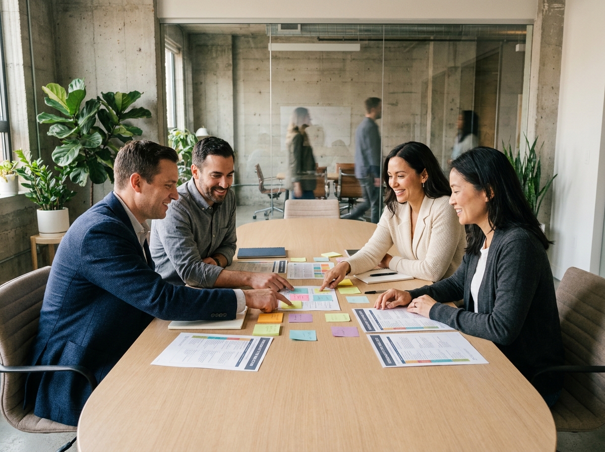 Équipe de professionnels analysant des profils de personnalité autour d'une table de réunion moderne en entreprise