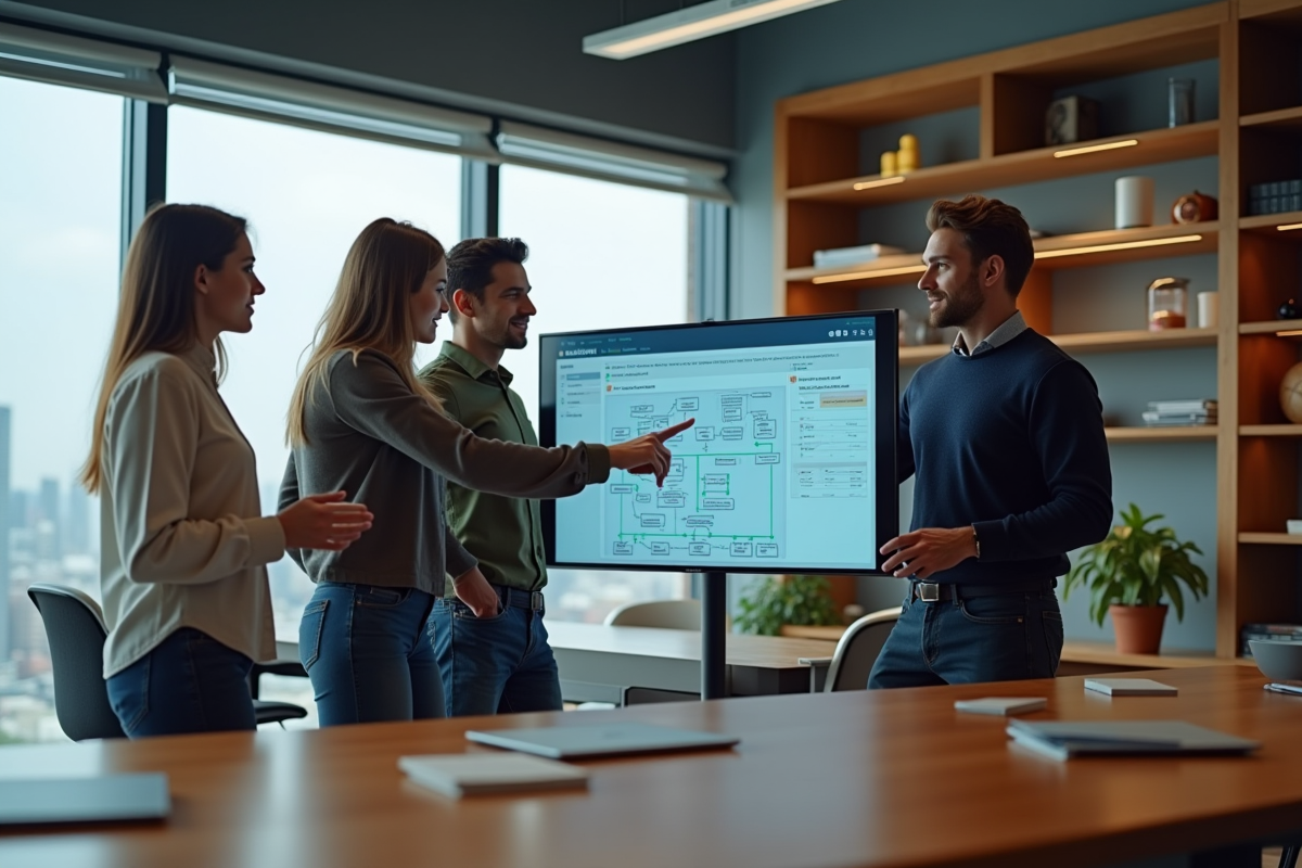 Groupe de jeunes professionnels discutant autour d un grand écran interactif