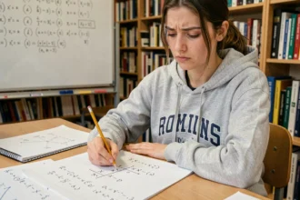 Étudiante en mathématiques détectant une erreur de signe dans le calcul du déterminant d'une matrice 2x2 sur papier quadrillé