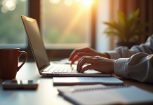 Espace de travail moderne avec ordinateur et café