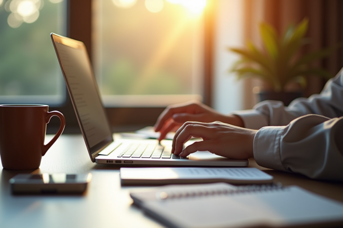 Espace de travail moderne avec ordinateur et café