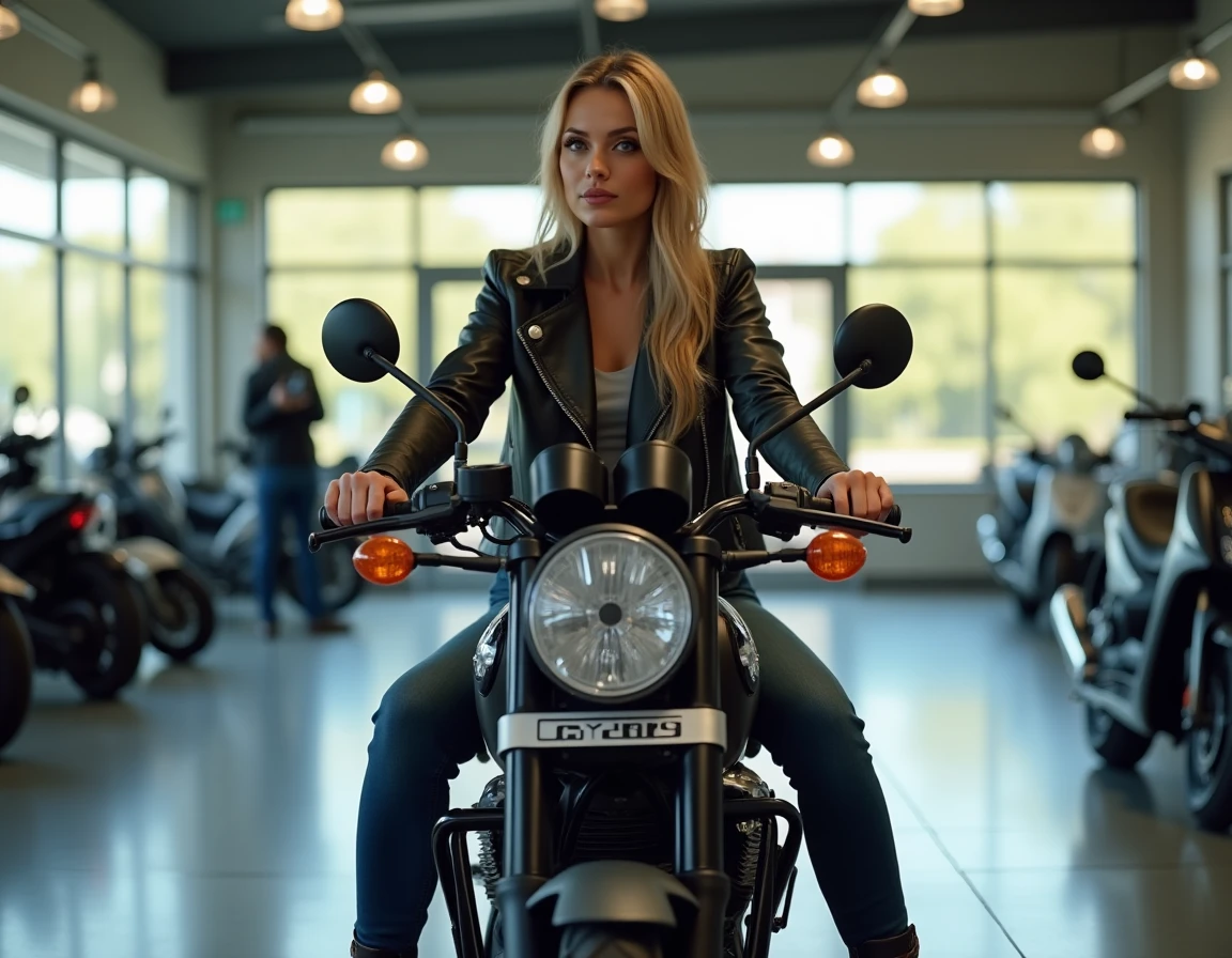 Femme essayant une moto 125 cm3 dans une concession avant achat
