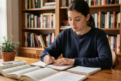 Jeune femme étudiant la conjugaison espagnole au passé composé et à l'imparfait sur un bureau en bois avec des cahiers et des manuels de grammaire