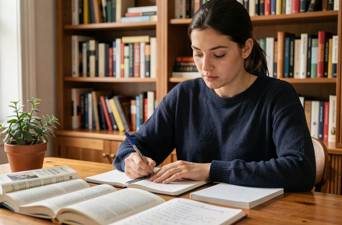 Jeune femme étudiant la conjugaison espagnole au passé composé et à l'imparfait sur un bureau en bois avec des cahiers et des manuels de grammaire