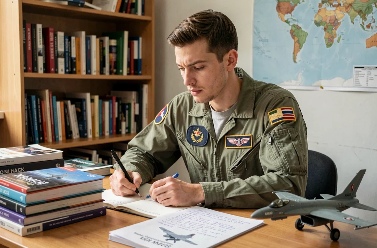 Jeune homme en combinaison de vol de l'armée de l'air française étudiant des manuels d'ingénierie aéronautique sur un bureau universitaire