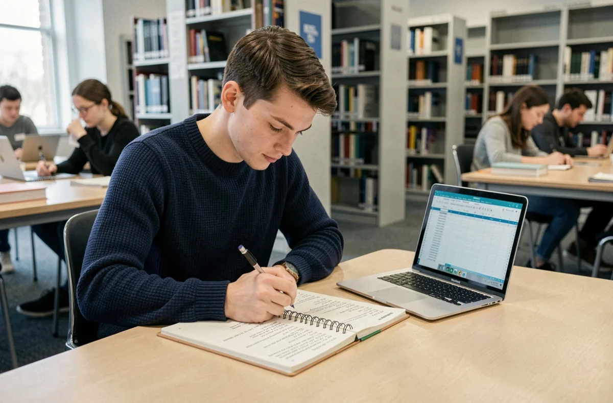 Étudiant masculin calculant ses notes dans un carnet à la bibliothèque universitaire avec un ordinateur portable ouvert sur un tableau de suivi de moyennes