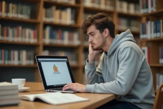 Étudiant frustré devant un écran d'erreur de connexion sur l'ENT de Lille dans une bibliothèque universitaire