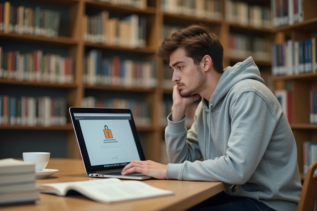 Étudiant frustré devant un écran d'erreur de connexion sur l'ENT de Lille dans une bibliothèque universitaire