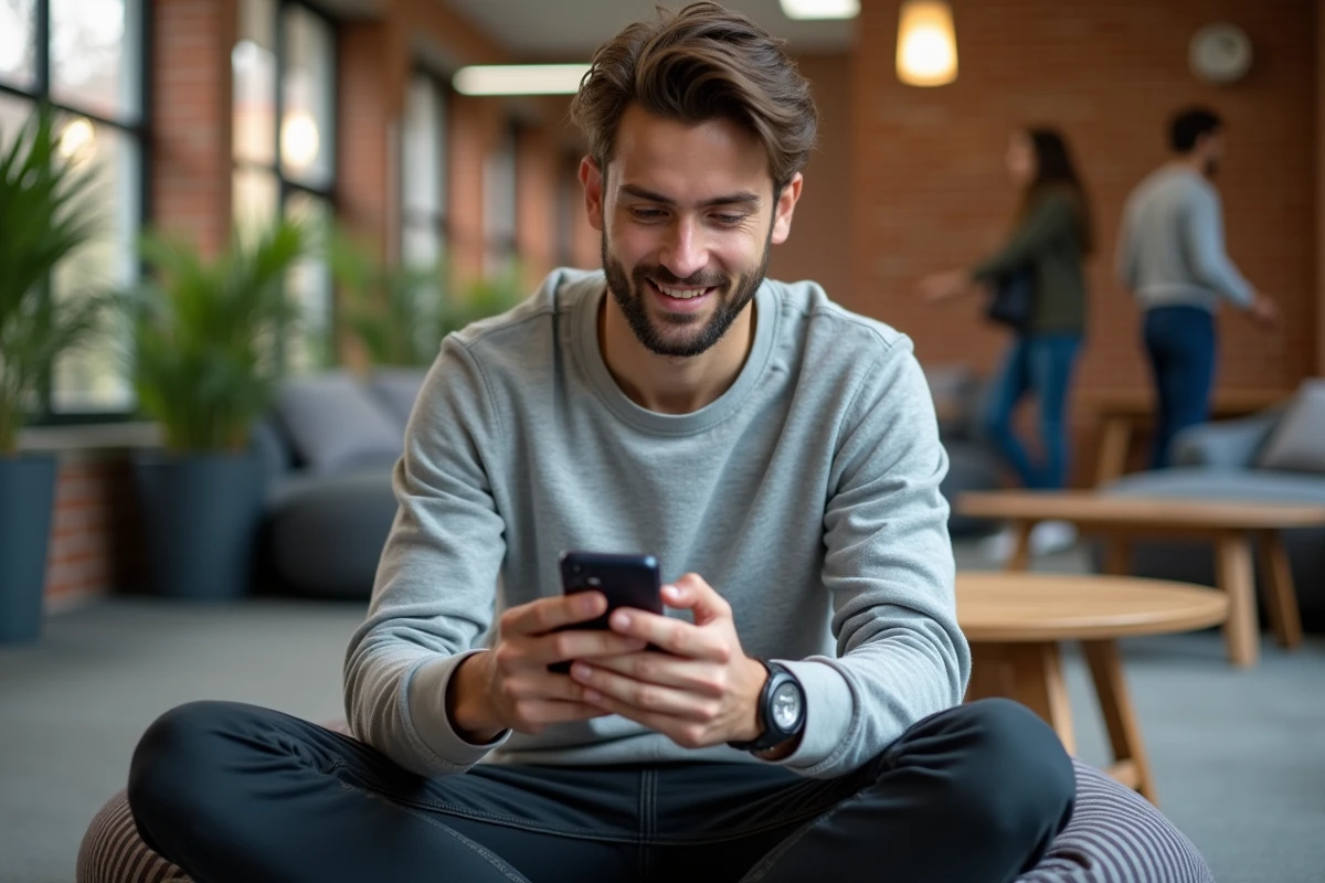 Étudiant de NEOMA consultant un guide de survie numérique sur smartphone dans le salon informel du campus à la rentrée 2026