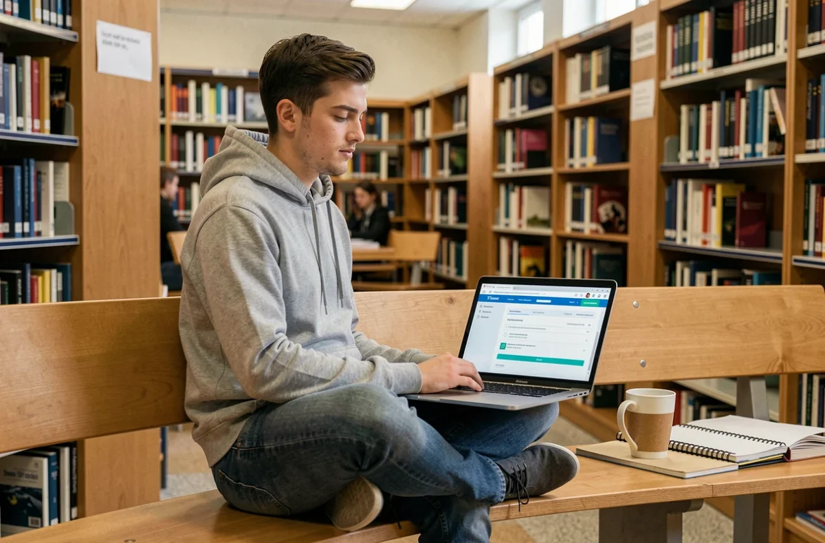 Étudiant accédant à la plateforme en ligne d'inscription aux concours depuis un ordinateur portable dans une bibliothèque universitaire
