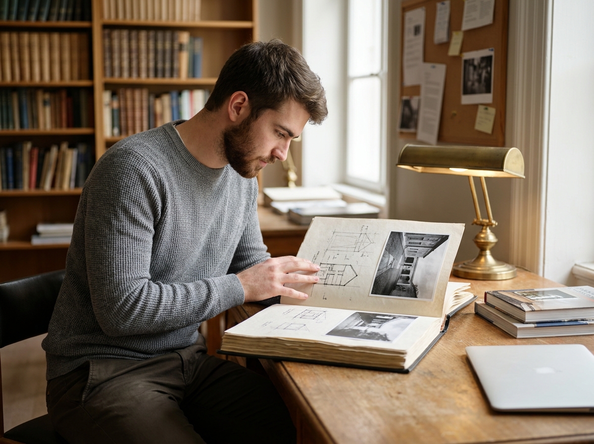 Jeune homme consultant son portfolio artistique dans une bibliothèque universitaire