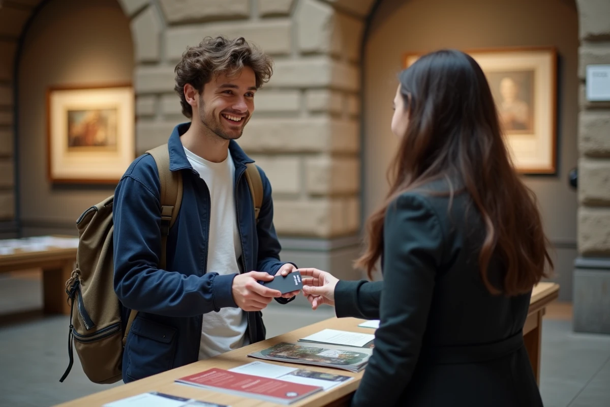 Jeune homme présentant sa carte étudiante à l'entrée d'un musée parisien pour bénéficier d'une réduction