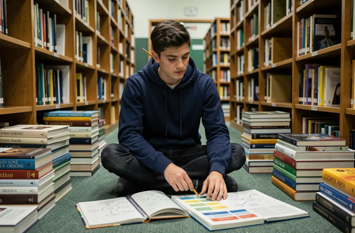 Étudiant en révisions de concours entouré de livres dans une bibliothèque universitaire avec un cahier de méthode ouvert