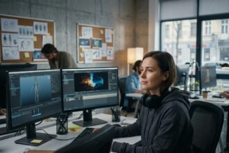 Étudiante en animation 3D travaillant sur un logiciel de rigging et de simulation de particules dans un studio professionnel