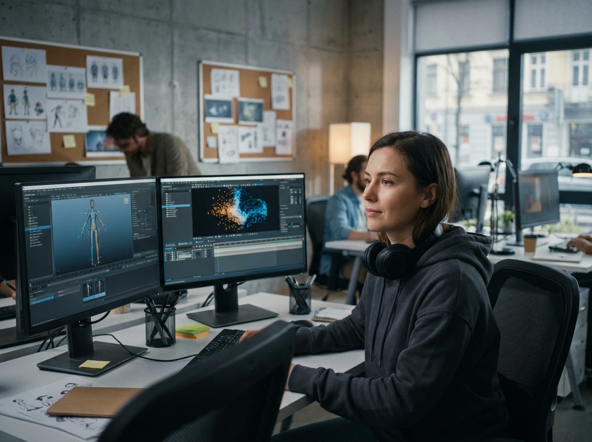 Étudiante en animation 3D travaillant sur un logiciel de rigging et de simulation de particules dans un studio professionnel