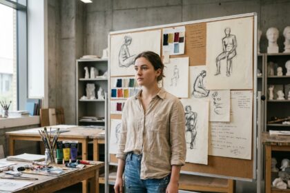 Étudiante en art devant un tableau de recherches créatives dans un atelier universitaire