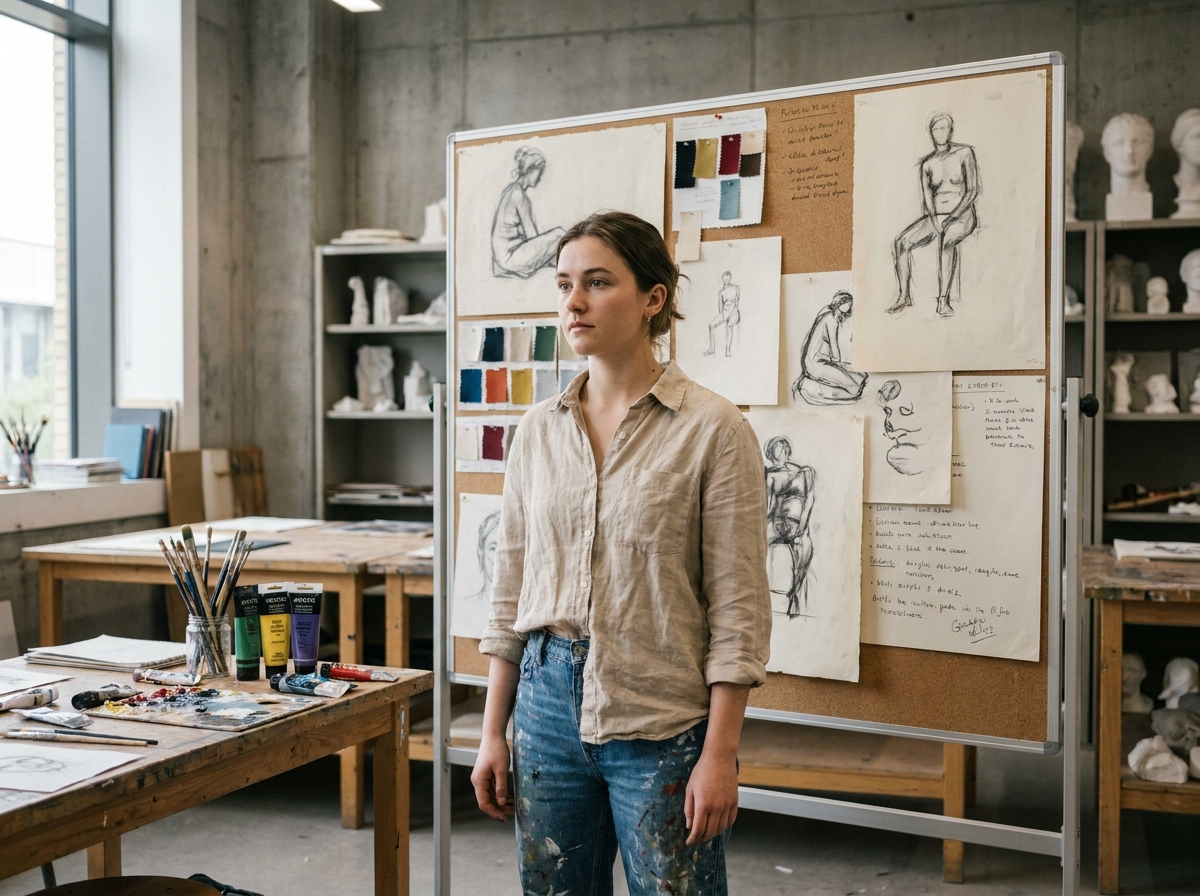 Étudiante en art devant un tableau de recherches créatives dans un atelier universitaire