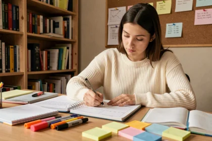 Étudiante en prépa prenant des notes méthodiques dans un cahier de révisions structuré à son bureau