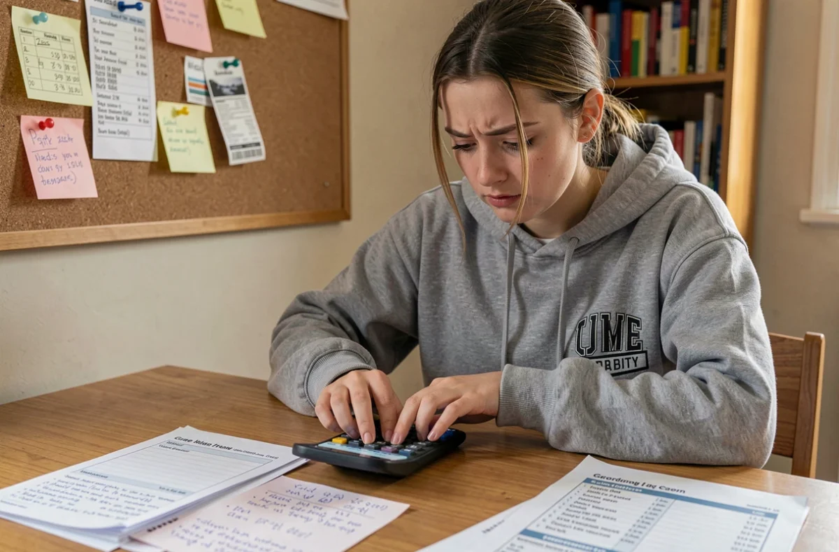 Étudiante calculant sa moyenne trimestrielle avec une calculatrice sur smartphone, entourée de feuilles de notes manuscrites sur un bureau en bois