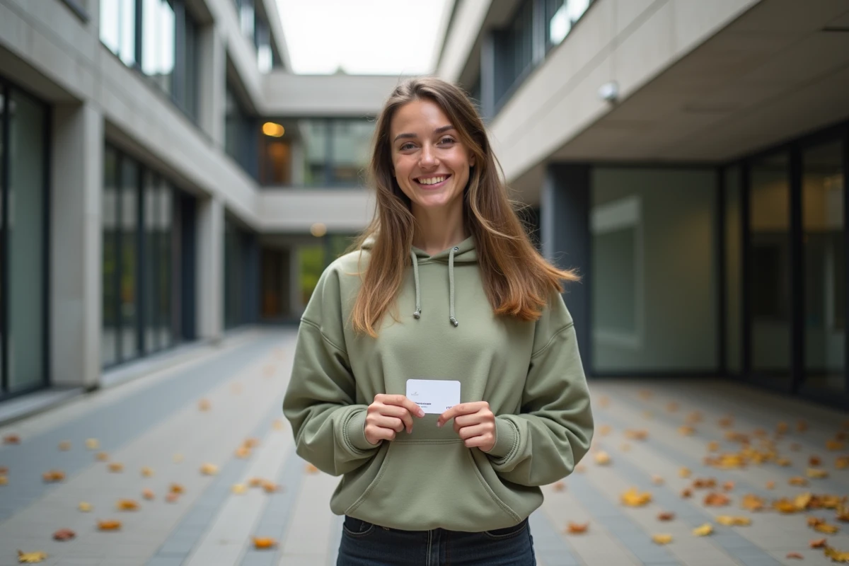 Étudiante souriante tenant sa carte étudiante devant un campus universitaire français en automne