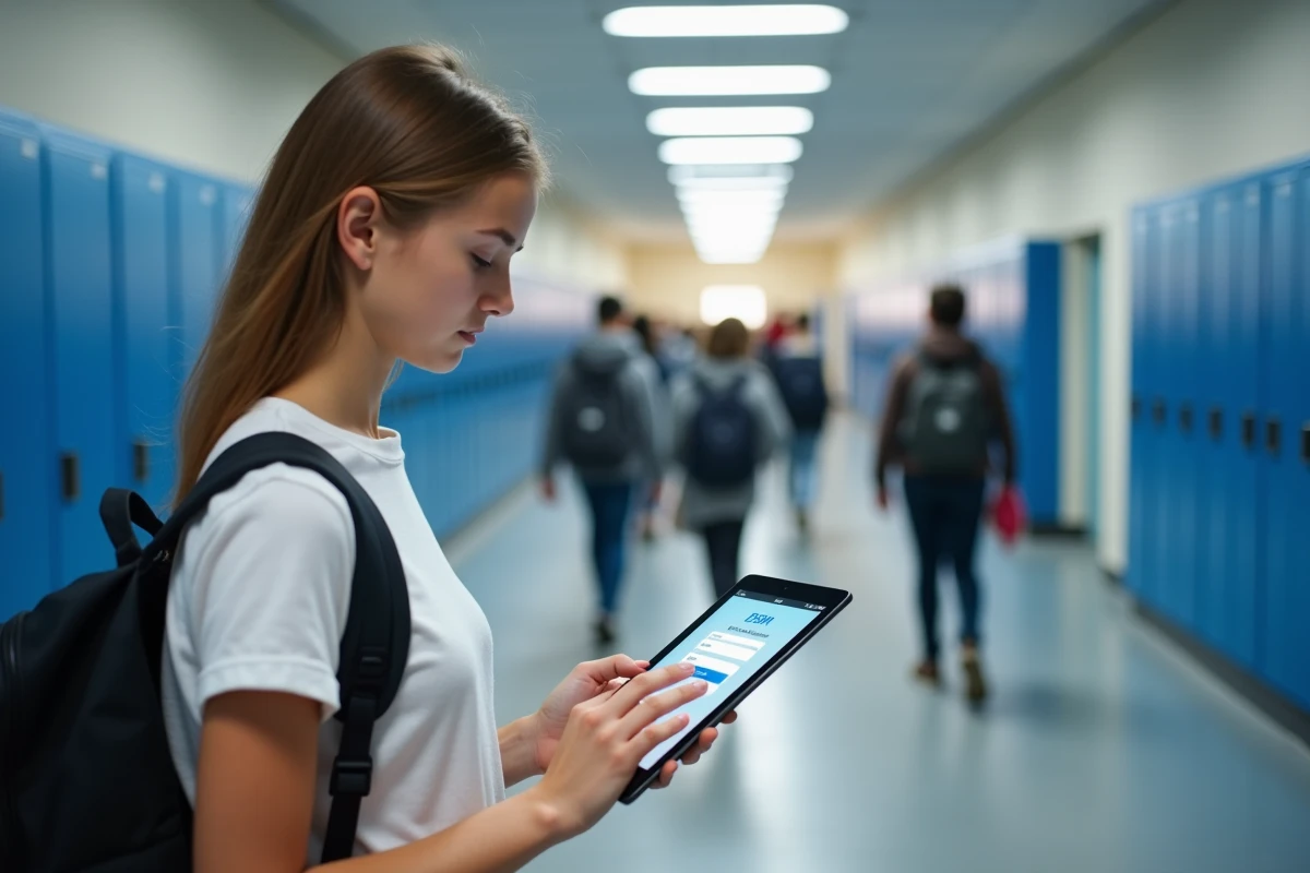 Étudiante tentant de se connecter à PSN Mon Lycée sur une tablette dans un couloir de lycée