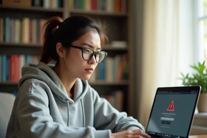 Étudiante frustrée devant un message d'erreur de connexion sur son ordinateur portable dans sa chambre universitaire
