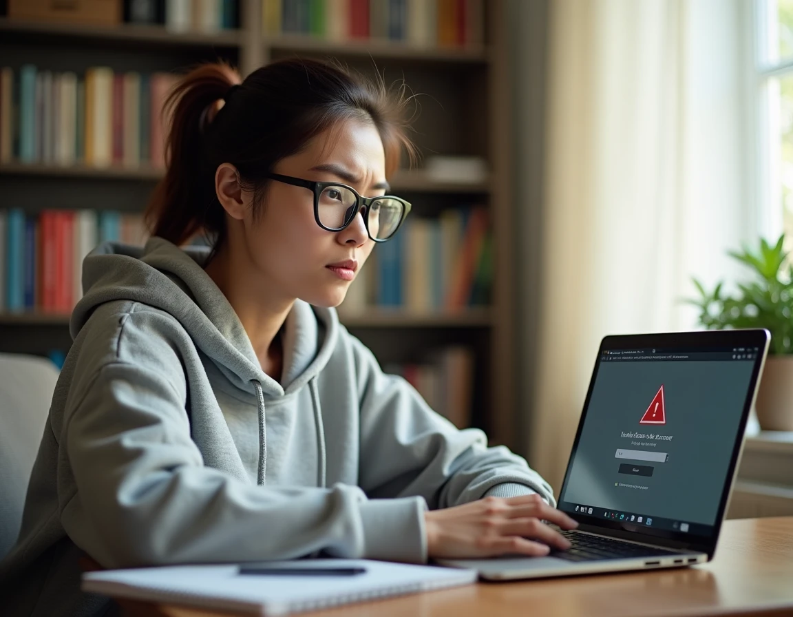 Étudiante frustrée devant un message d'erreur de connexion sur son ordinateur portable dans sa chambre universitaire