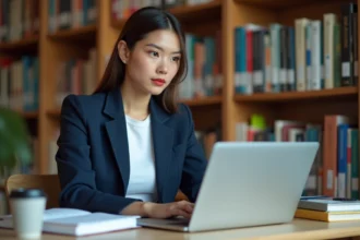 Étudiante de NEOMA Business School travaillant sur un tableau de bord numérique à la bibliothèque universitaire pour la rentrée 2026