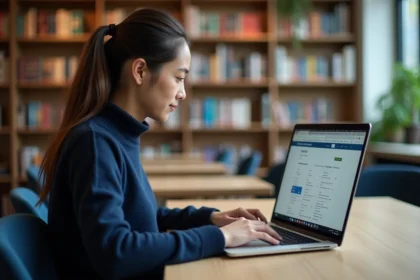 Étudiante consultant le site web edu Normandie sur son ordinateur portable dans une bibliothèque universitaire moderne
