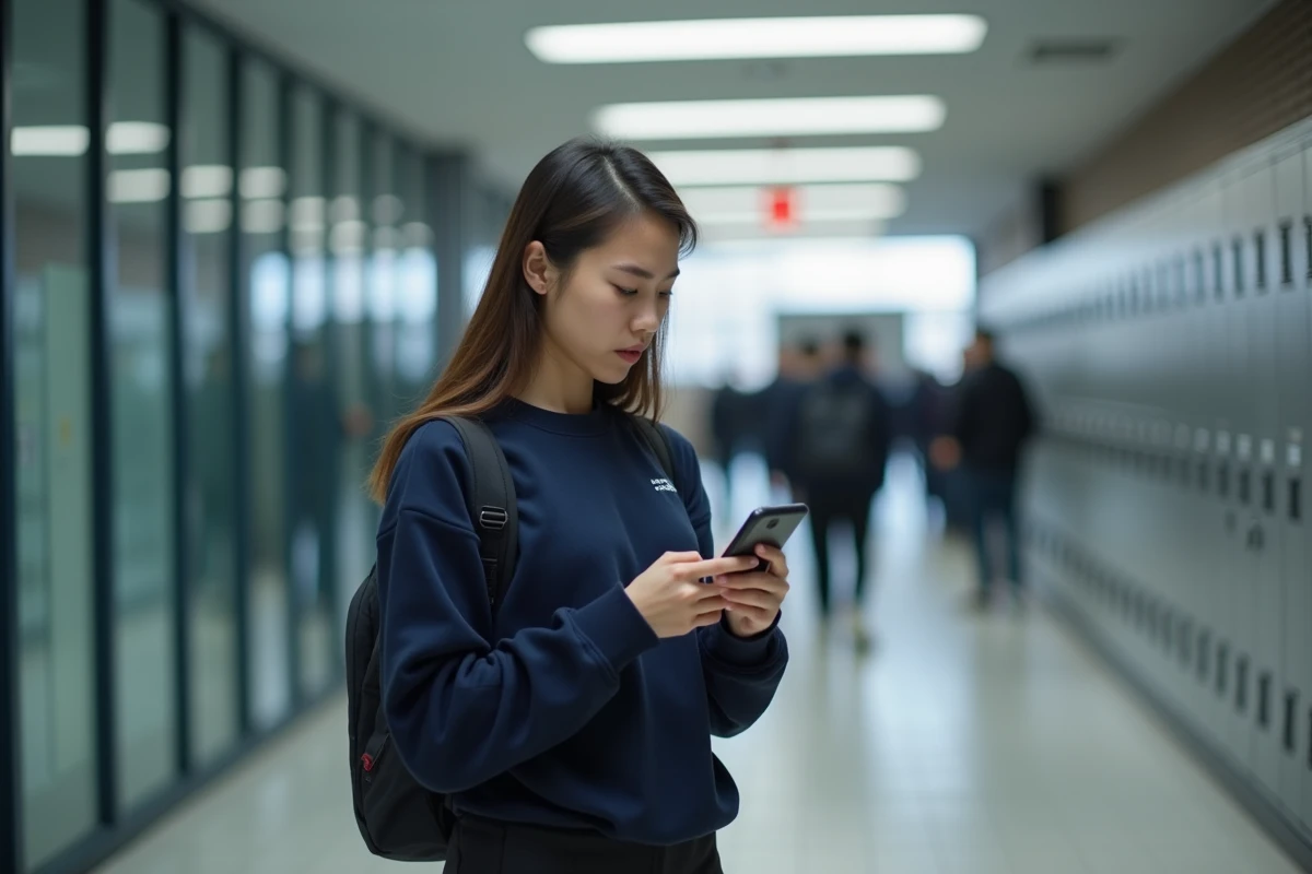 Étudiante consultant son smartphone dans un couloir universitaire pour résoudre un problème d'accès à l'ENT de Lille