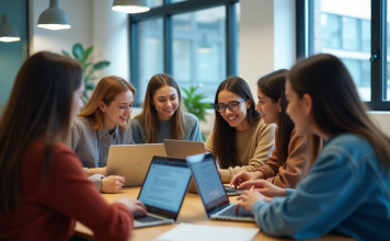 Meilleur LMS : Moodle, avantages et performances à connaître ! Groupe d'étudiants divers utilisant des plateformes numériques en groupe