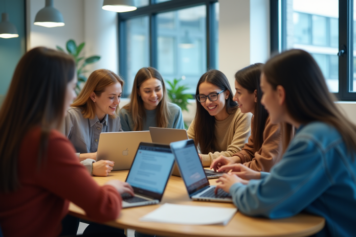 etudiants-apprentissage-numerique Groupe d'étudiants divers utilisant des plateformes numériques en groupe
