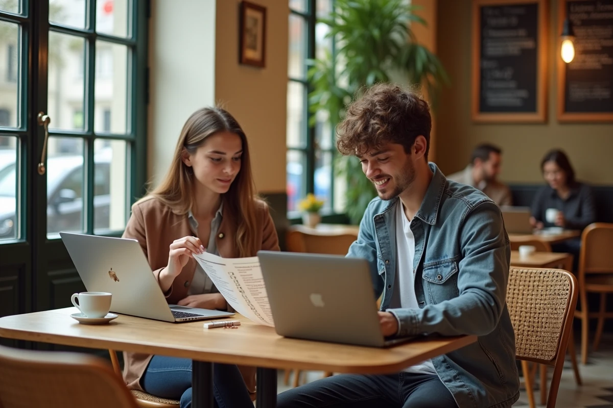 Deux étudiants consultant un guide des avantages et réductions étudiants dans une brasserie parisienne