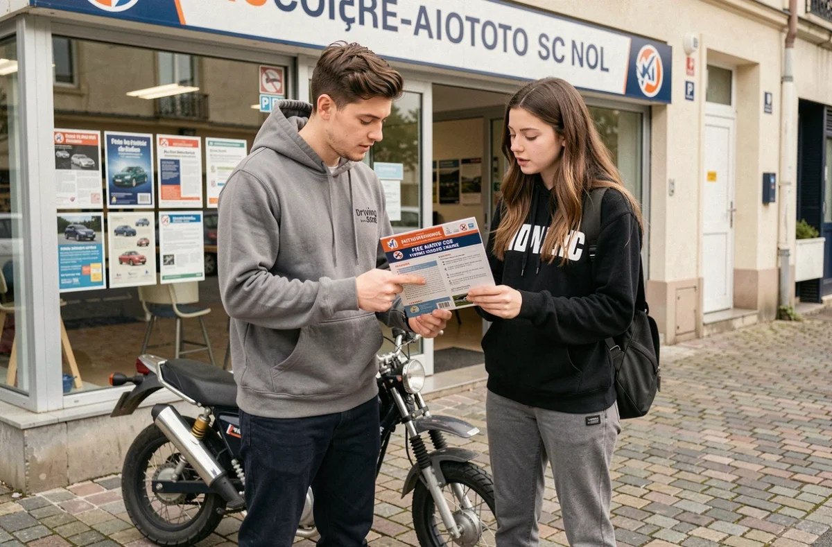 Deux jeunes étudiants consultant un code de la route moto gratuit devant une auto-école