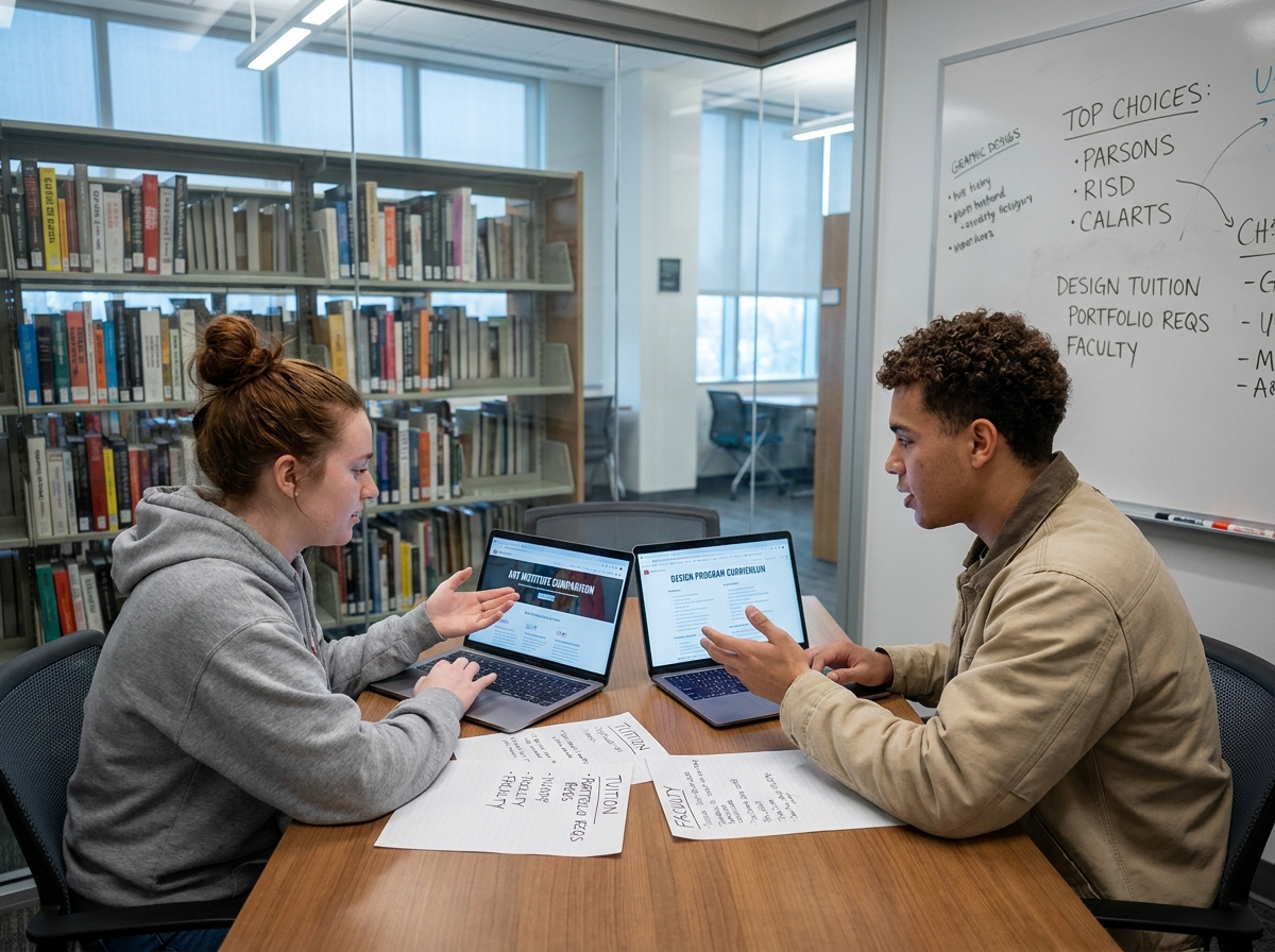 Deux étudiants comparant des programmes d'écoles d'illustration sur ordinateurs dans une bibliothèque universitaire