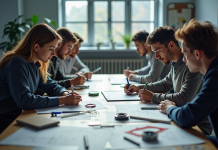 Étudiants en classe travaillant sur des dessins techniques et pièces mécaniques