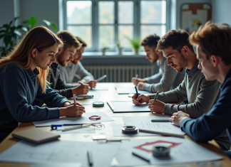 Les matières phares du BTS CPI : une présentation Étudiants en classe travaillant sur des dessins techniques et pièces mécaniques