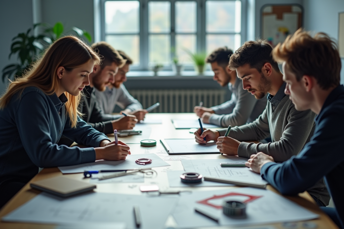 Étudiants en classe travaillant sur des dessins techniques et pièces mécaniques
