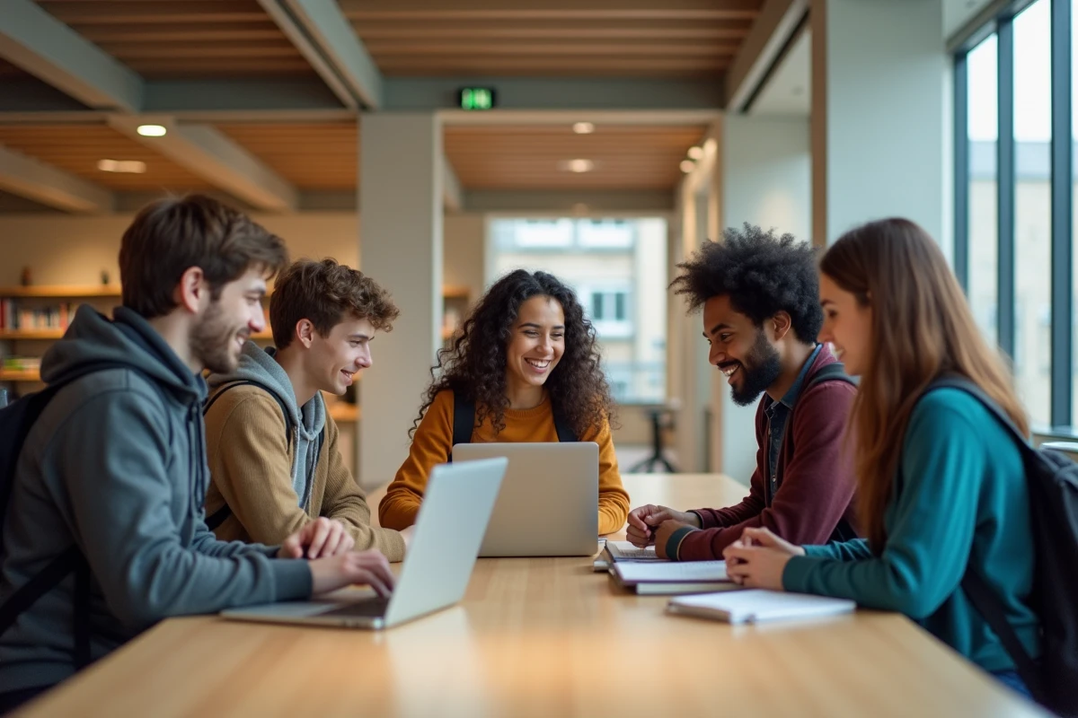Groupe d'étudiants en discussion dans un lounge moderne