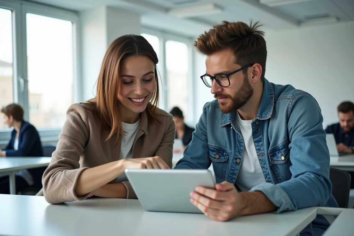 Deux étudiants adultes consultant ensemble une plateforme de formation sur tablette dans un centre de formation