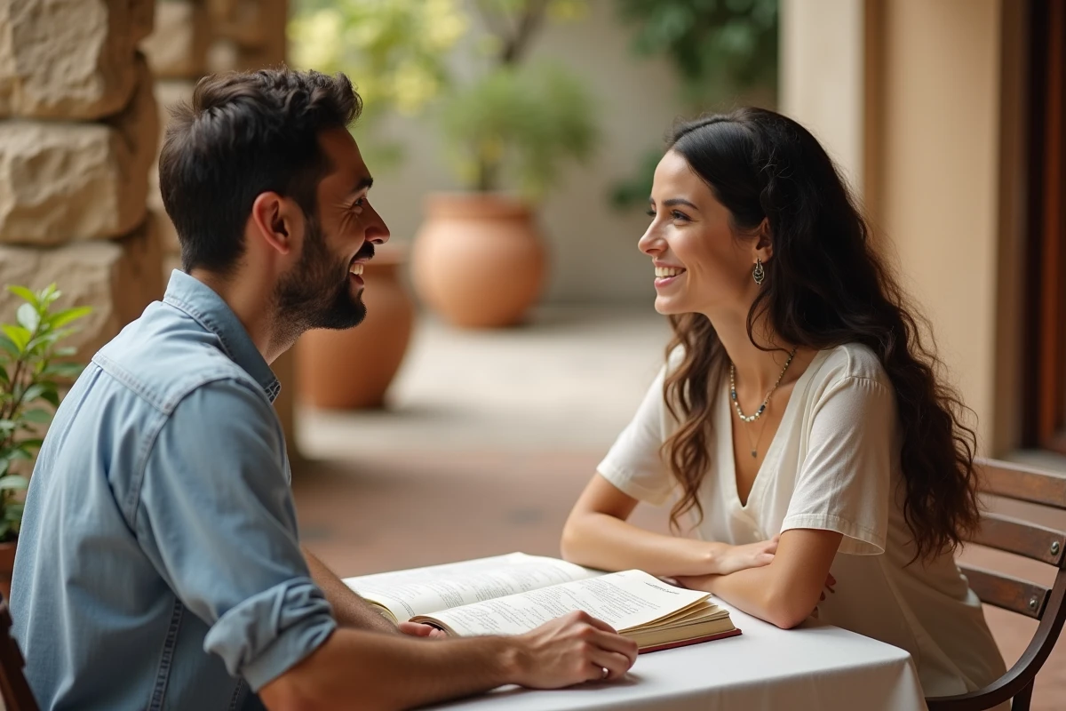 Deux étudiants pratiquant la conversation en espagnol avec un manuel de conjugaison du verbe SER en terrasse de café