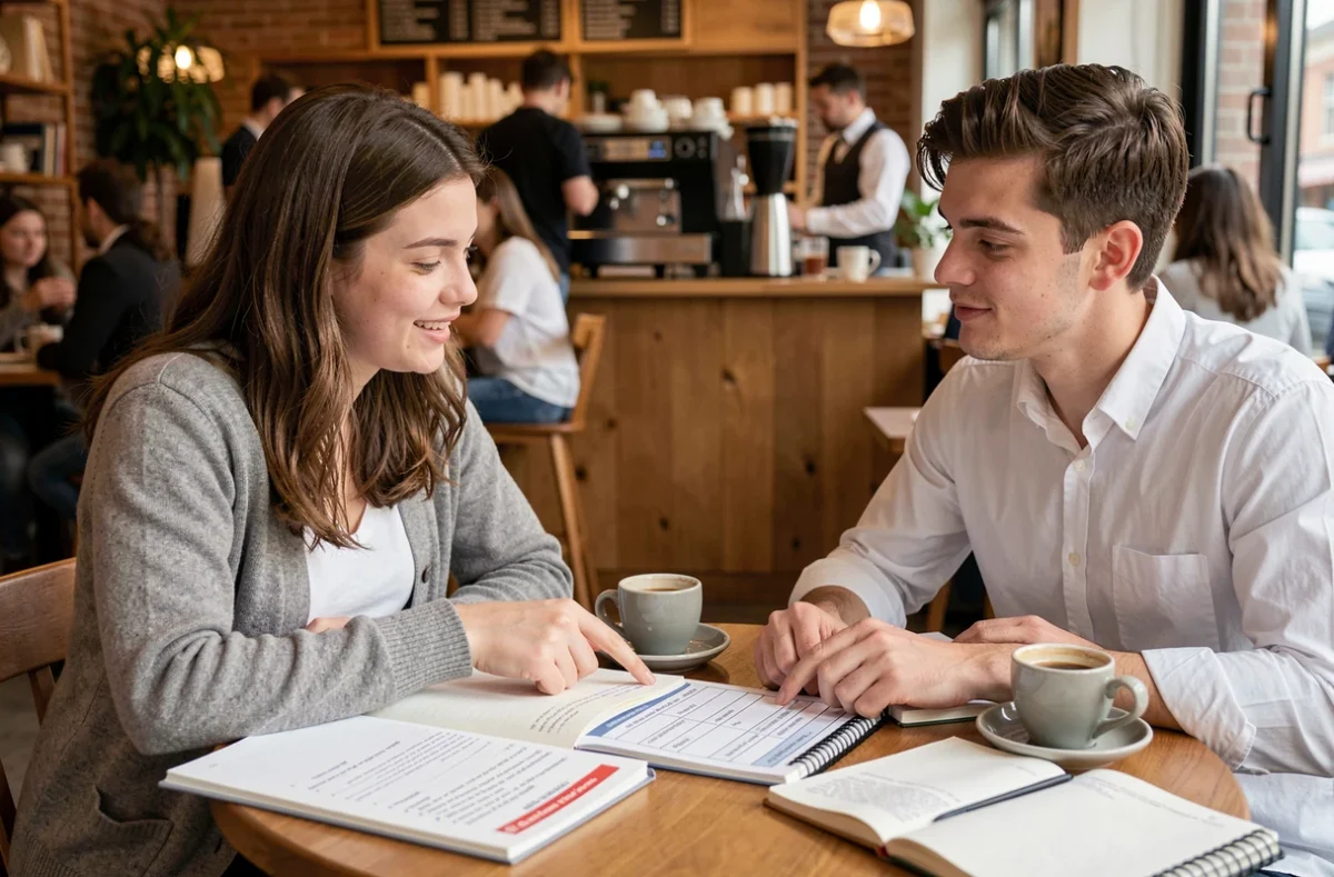 Deux étudiants révisant ensemble pour un concours dans un café avec cahiers de prépa et fiches de méthode