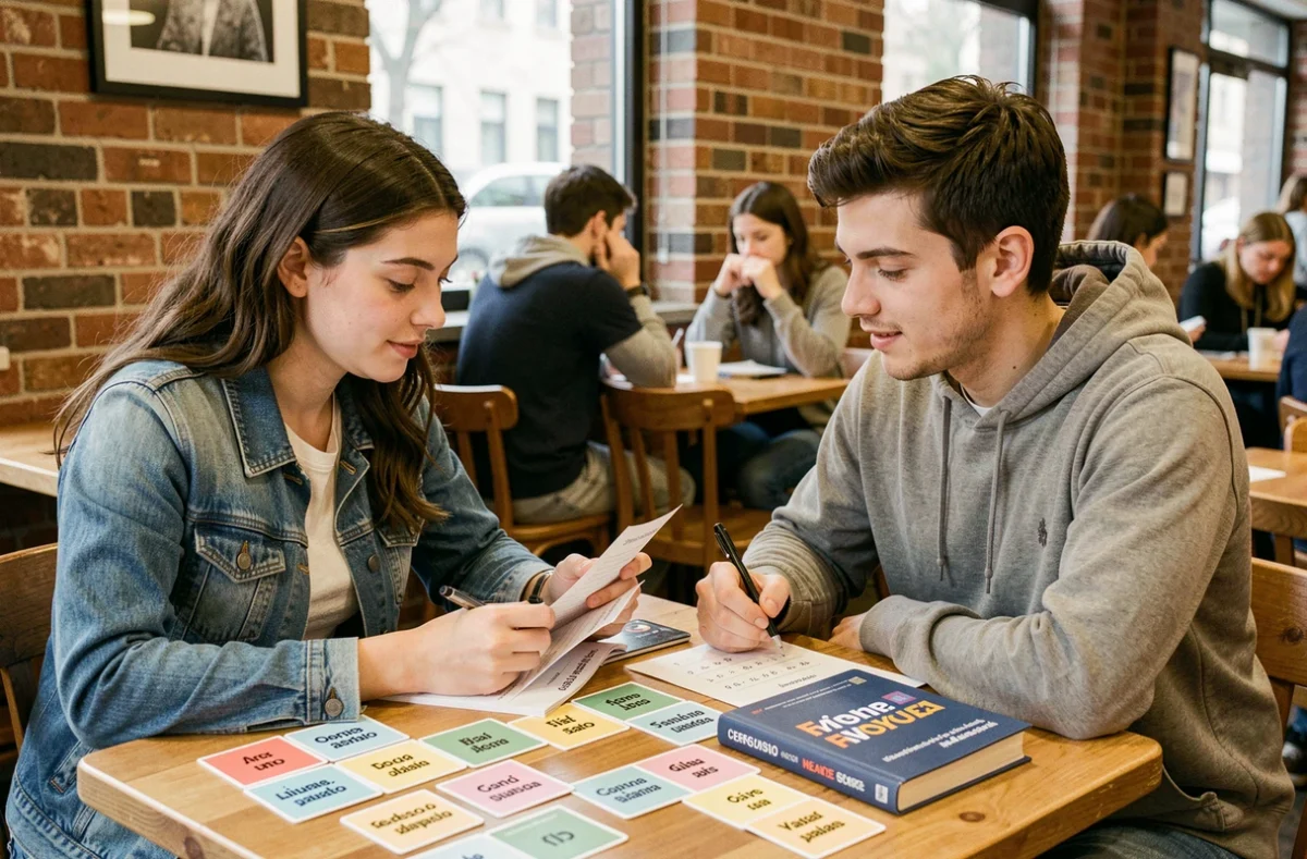 Deux étudiants révisant ensemble la conjugaison espagnole au passé composé et à l'imparfait dans un café avec des fiches de vocabulaire