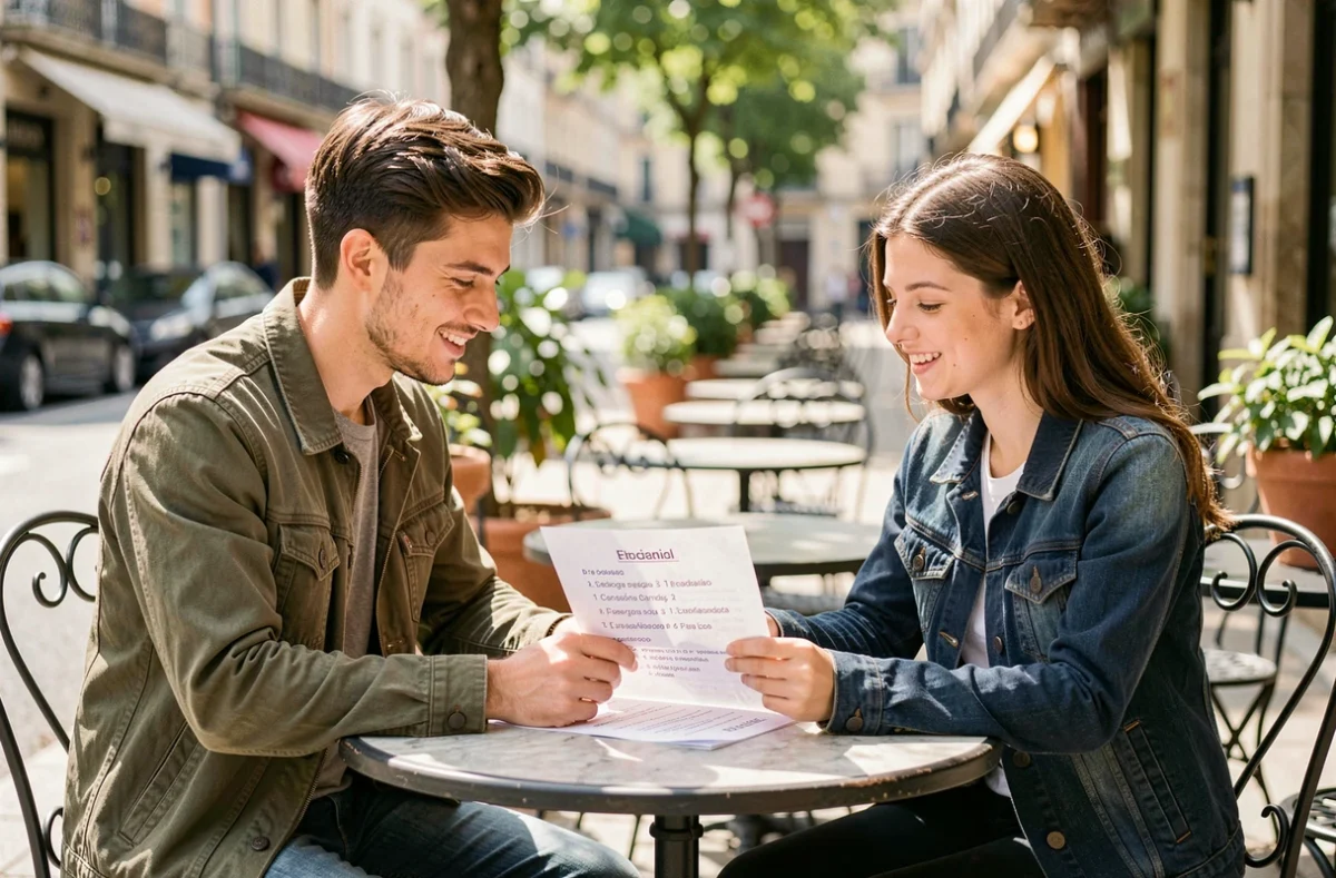 Deux étudiants révisant ensemble un exercice de grammaire espagnole en terrasse de café