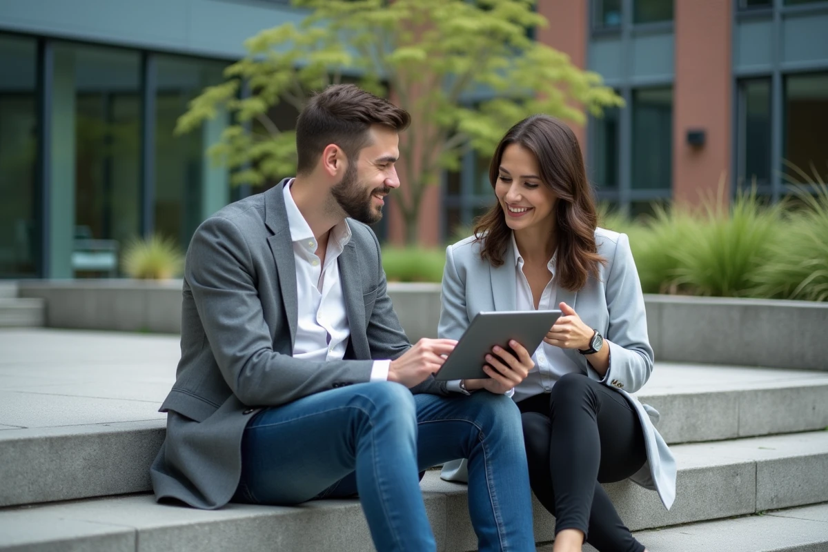 Étudiant et étudiante souriants avec tablette dehors