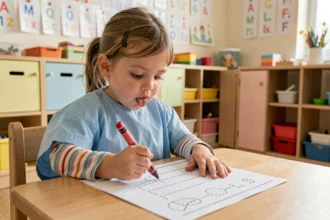 Petite fille en moyenne section traçant des lignes sur une fiche d'exercice autonome en classe maternelle